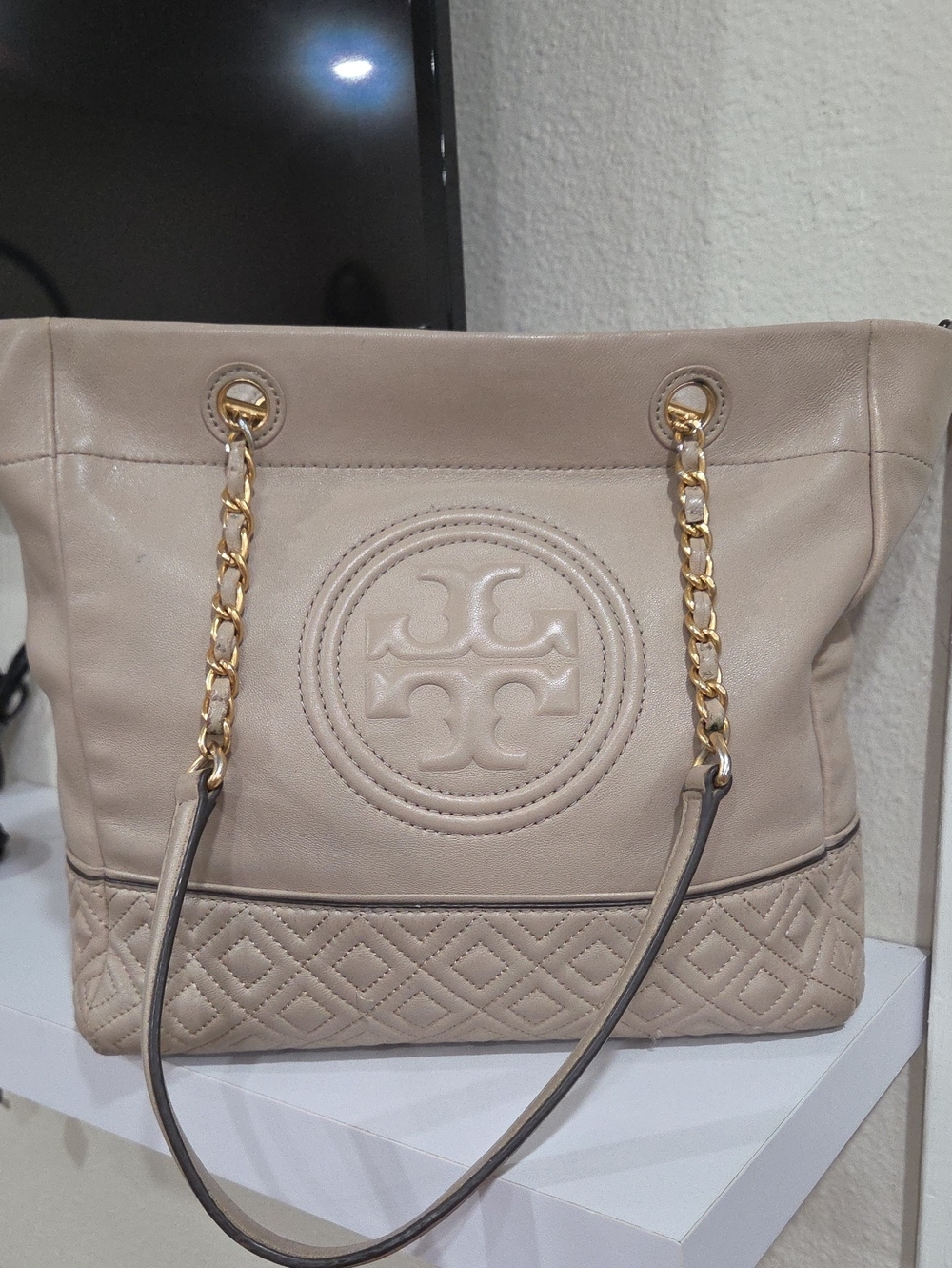 Tory Burch Sand Quilted Leather Shoulder Tote with Gold Chain Straps